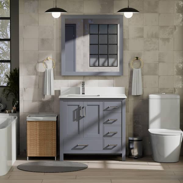 Jacques 36 in. W x 22 in. D Left Offset Distressed Grey Bath Vanity, Cultured Marble Top, Faucet Set, and 34 in. Mirror