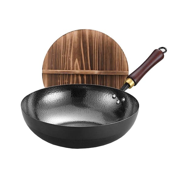 13.5 in. Iron Flat Bottom Wok Pan Carbon Steel Nonstick Hand Hammered Rapid Heating with Wooden Lid for Gas Cooktop
