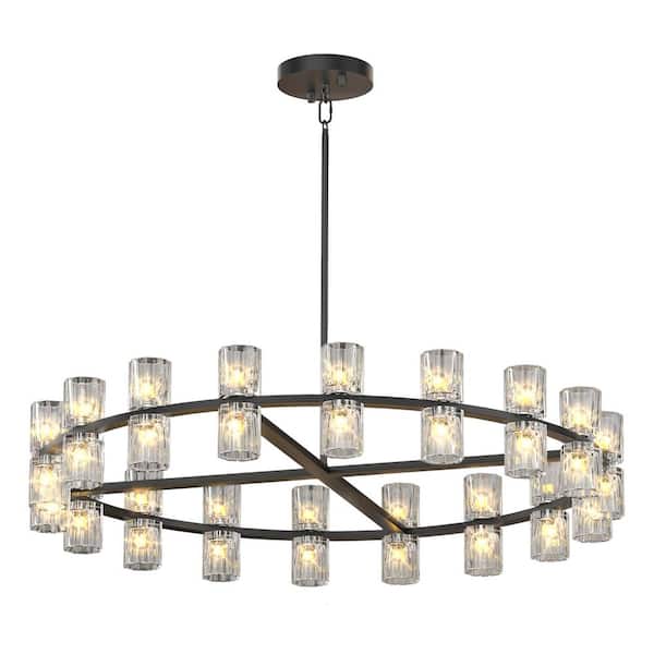 Crysia Modern LED 36 in. 36-Lights Black K9 Crystal Round Chandelier with Bulbs Included, for Dinning Room, Living Room
