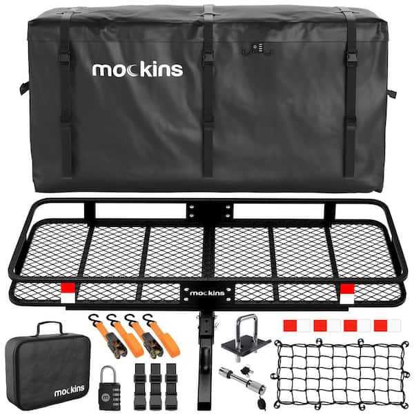 Mockins 500 lbs. Capacity XL Hitch Mount Cargo Carrier Set w/Folding Shank and 2 in. Raise Includes Cargo Bag Net Straps Locks