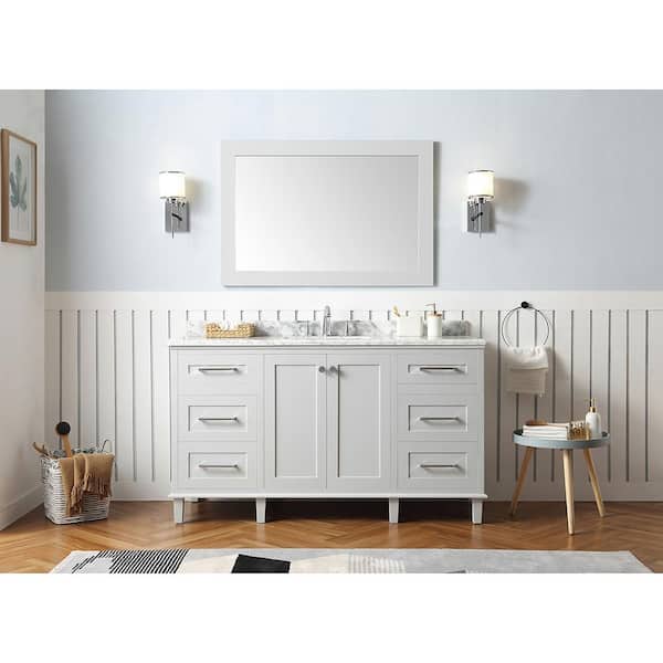 Home Decorators Collection Heathermore 60 in. W x 22 in. D in Dove Grey  with Marble Top in Carrera with White Basins Heathermore 60G - The Home  Depot