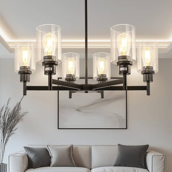 6-Light Black Farmhouse Chandelier with Clear Glass Shades, Black Pendant Lighting for Kitchen Island or Dining Room