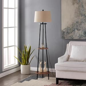 New York 65 in. Wood Grain and Black Metal Floor Lamp with Table Shelves