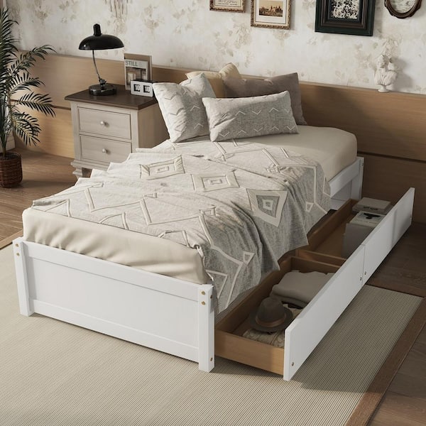 Harper & Bright Designs White Wood Frame Twin Size Platform Bed with 2-Drawers Storage