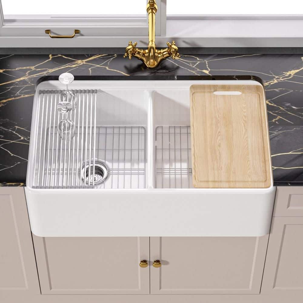 Fireclay Workstation Kitchen Sink 33 in. White Farmhouse Sink Double Bowl F