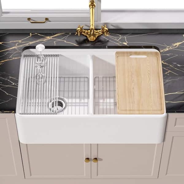 Unbranded Fireclay Workstation Kitchen Sink 33 in. White Farmhouse Sink Double Bowl Farmhouse/Apron-Front Sink with Cutting Board
