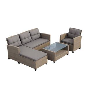 4-Piece Wicker Patio Conversation Sectional Seating Set with Gray Cushions