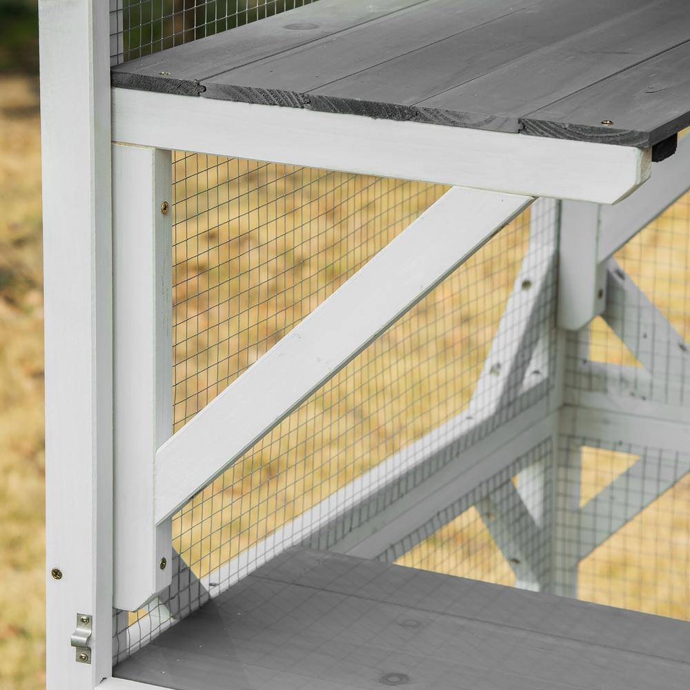 Large White and Gray Wooden Outdoor Cat House with Wheels