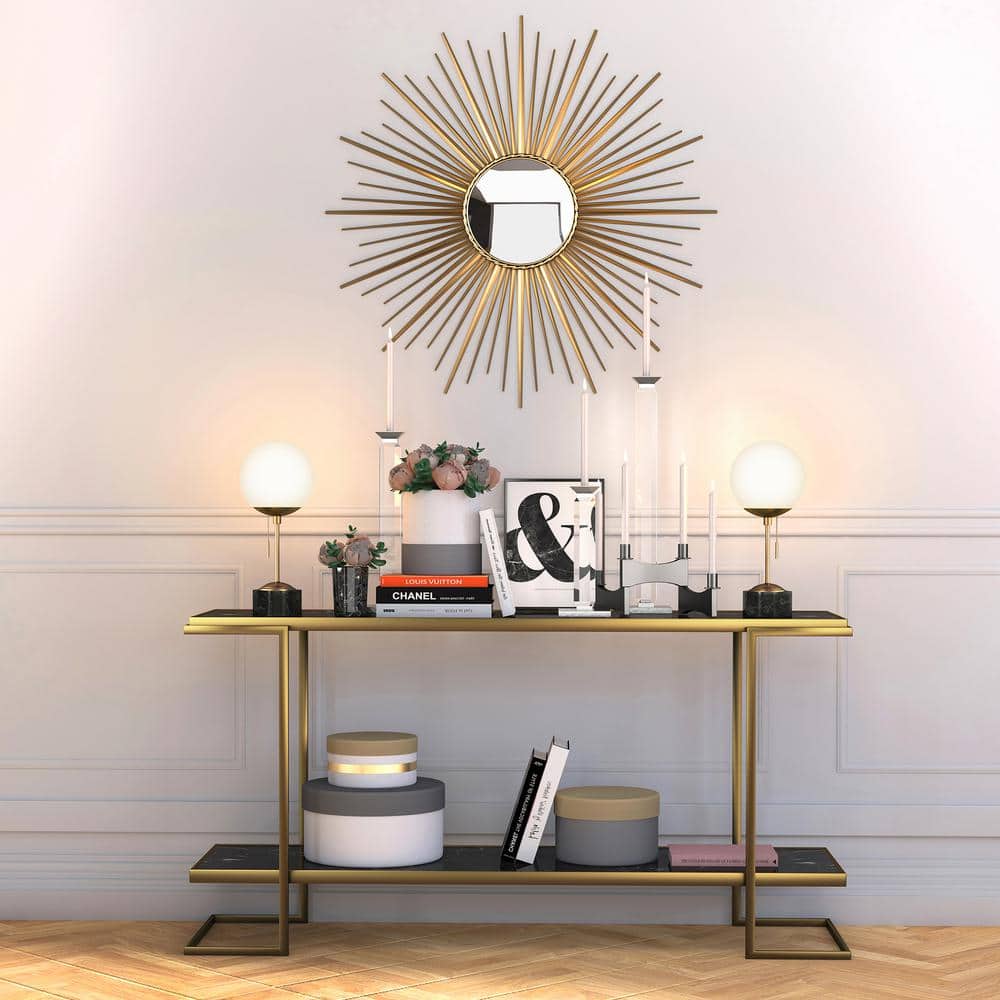 Reagan Art Deco Brass & Black Marble Table Lamp with White Globe Shade