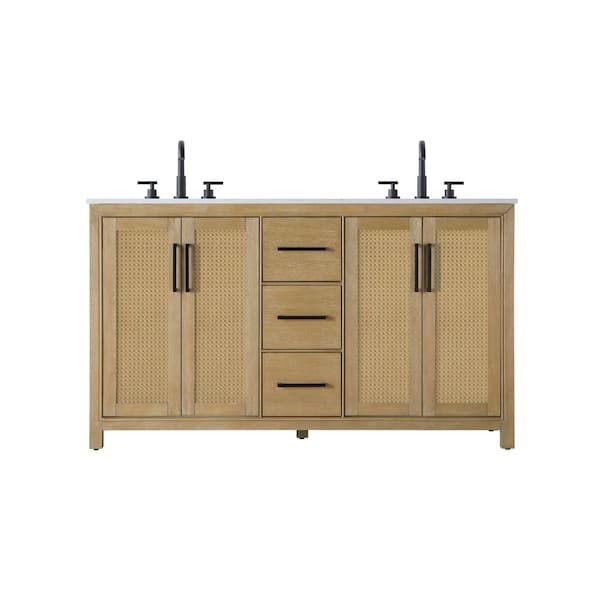 60 in. Double Sink Linen Oak Bath Vanity with White Engineered Marble Top