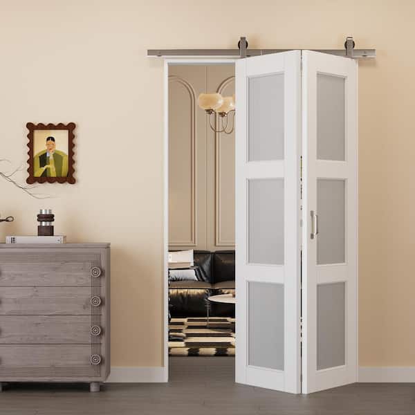 ARK DESIGN 48 in. x 80 in. 3-Lite Tempered Frosted Glass White Primed Glass Bifold Sliding Barn Door with Hardware Kit