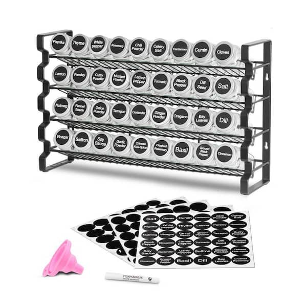 4-Tier 18.2 in. x 11.1 in. Black Spice Rack Organizer with 36 Empty Glass Jars for Kitchen Countertop and Cabinet