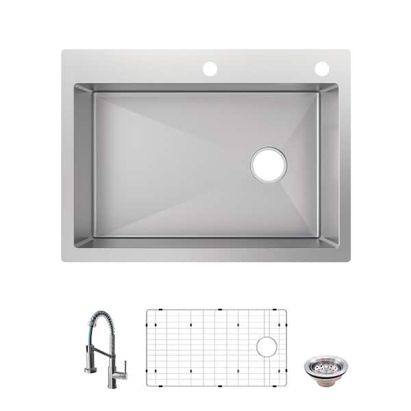 Glacier Bay Tight Radius 30 in. Drop-In Single Bowl 18 Gauge Stainless Steel Kitchen Sink with Spring Neck Faucet