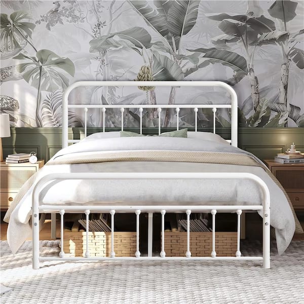 VECELO Queen Bed Frame with Headboard, Heavy Duty Platform Bed Frame, No Box Spring Needed, White 60.9 in. W