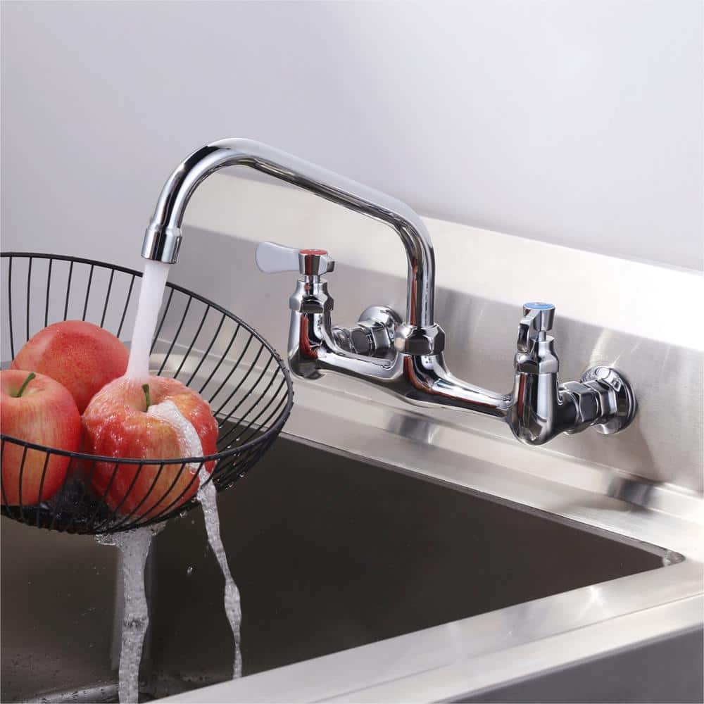 8" Dual Handle Polished Chrome Wall Mount Kitchen Faucet
