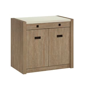 Dixon City Brushed Oak Accent Storage Cabinet with Flip-Down Drawer for Keyboard and Power Strip Includes USB Ports