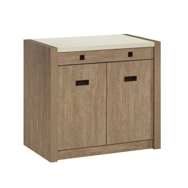 SAUDER Dixon City Brushed Oak Accent Storage Cabinet with Flip-Down Drawer for Keyboard and Power Strip Includes USB Ports