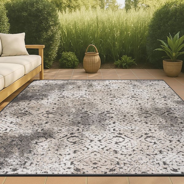 Duenas High-Low Shabby Damask Cream/Beige/Dark Gray 5 ft. x 8 ft. Indoor/Outdoor Area Rug