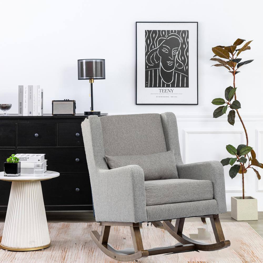 Beige Rocking Chair, Linen Upholstered Chair Rocker with Sturdy Wood Frame,