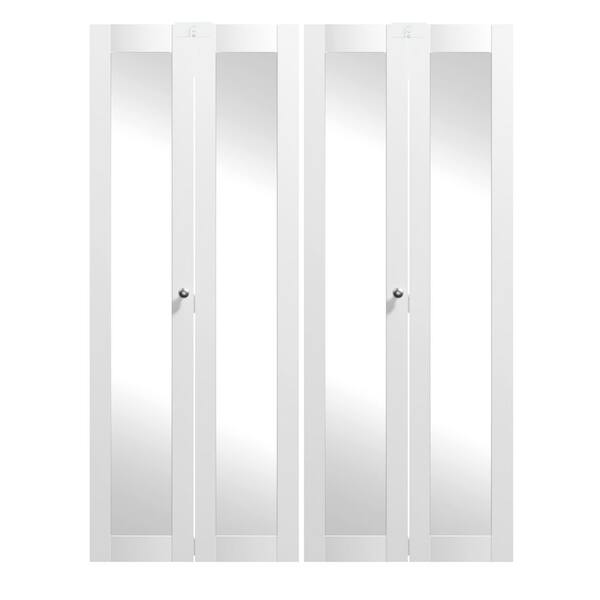 64 in. x 80 in. Full Lite Mirrored Glass Solid Core White PVC Covering MDF Bi-fold Door with Locks, Handles