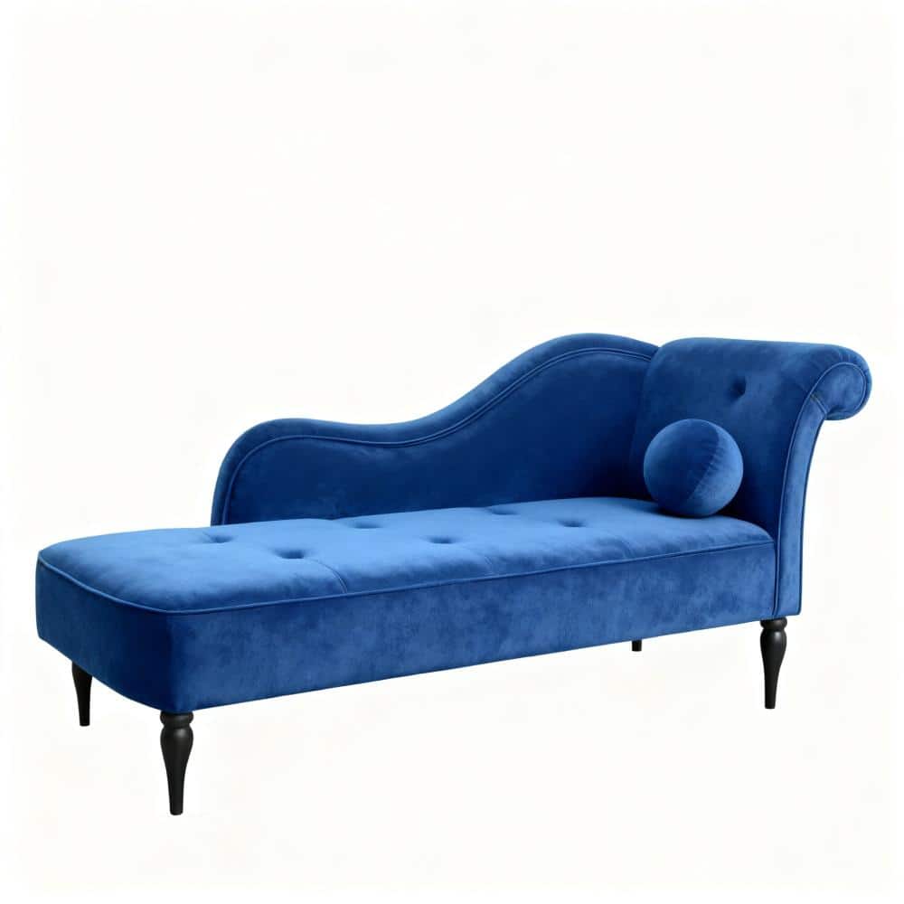 UOI Blue Velvet Tufted Chaise Lounge with Nailhead Trim, Solid Wood Legs & Pillow, Left Arm Chaise Lounge