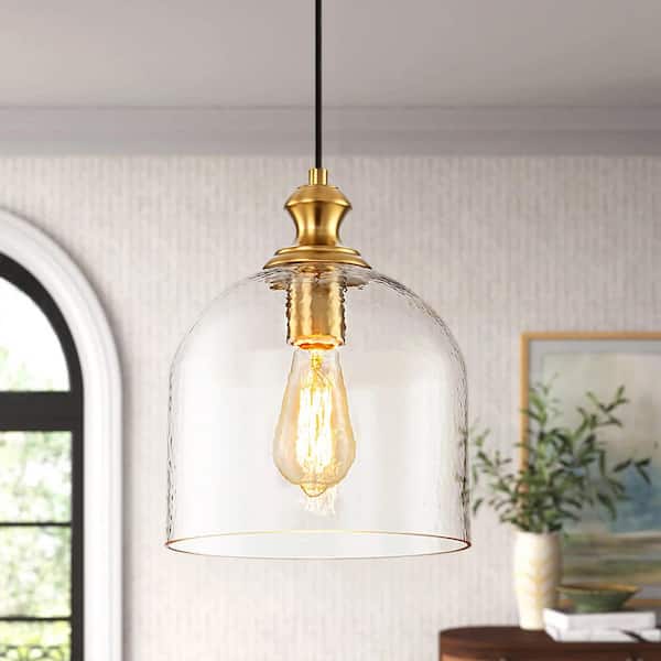 Julia 60-Watt 1-Light Modern Gold Industrial Pendant Light with Bell Shape Clear Hammered Glass Shade