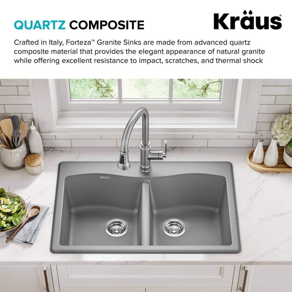 Gray Granite Dual Bowl Drop-In Kitchen Sink with Accessories