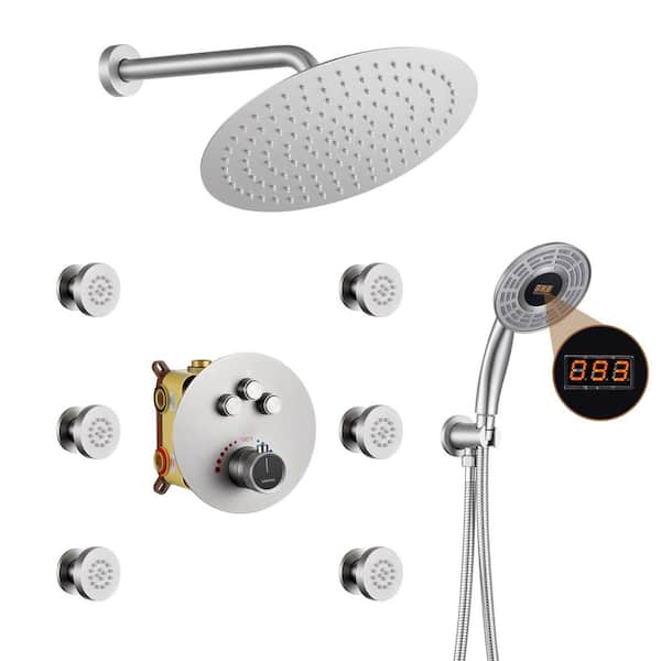 Boyel Living 1-Spray Digital Thermostatic Dual Shower Head, Handheld Shower Head and Body Spray Wall Mount 1.8 GPM in Brushed Nickel