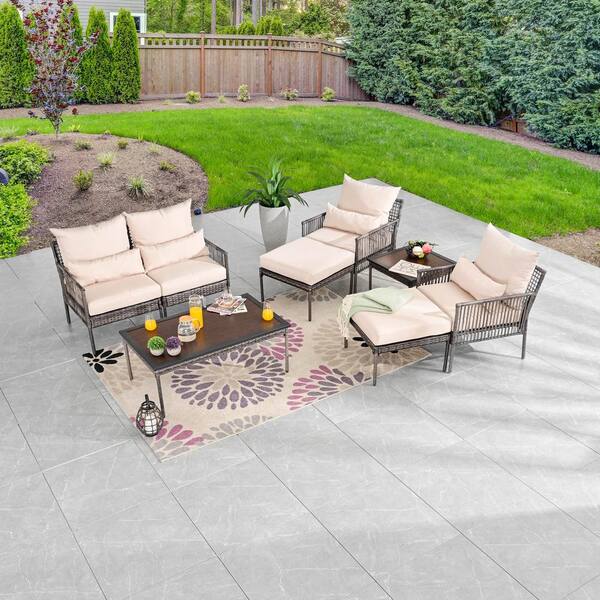 Patio Festival 8-Piece Wicker Outdoor Conversation Set with Beige Cushions