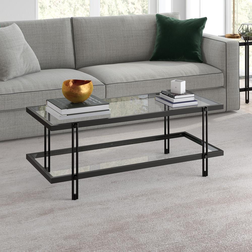 Beckham Rectangular Glass Coffee Table with Storage, Brass Finish