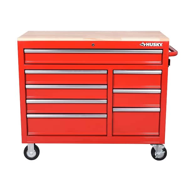 42 in. W x 18.1 in. D 8-Drawer Red Mobile Workbench Cabinet with Solid Wood  Top