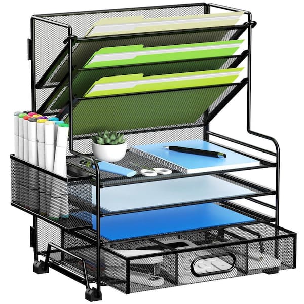 N/A. Black 4-Tier Paper Organizer with 3-Pocket File Holder and