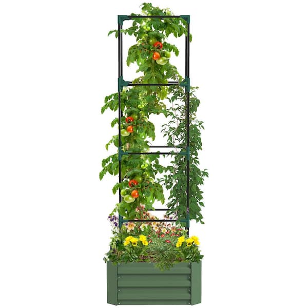 Flynama 24 in. x 24 in. x 11.75 in. Outdoor Steel Planter Box with Trellis Tomato Cage and Open Bottom in Green