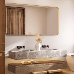 72 in. W x 36 in. H Tempered Glass Rounded Rectangle Framed Wall-Mounted Bathroom Vanity Mirror in Gold