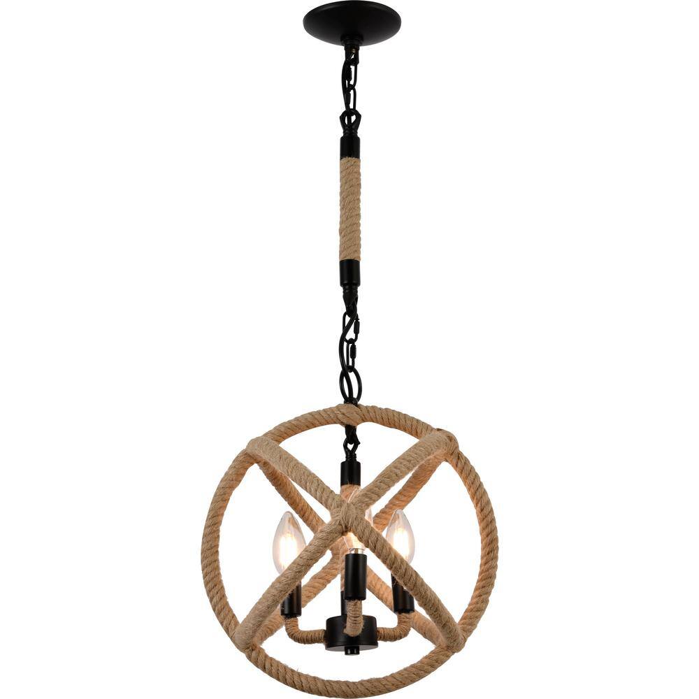 Volume Lighting 3Light Black Rope Globe Candelabra Pendant Light V3123