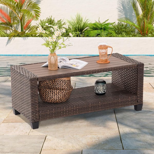 JOYESERY Patio HIPS Coffee Table, Rectangular Outdoor Wicker End Table, Brown