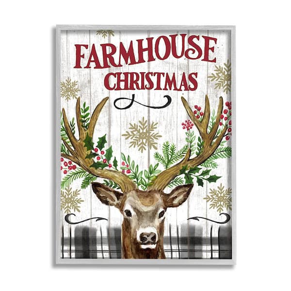 Stupell Industries Farmhouse Christmas With Plaid 1 Piece Framed Graphic Print Animal Poster Art Print 20 in. x 16 in.