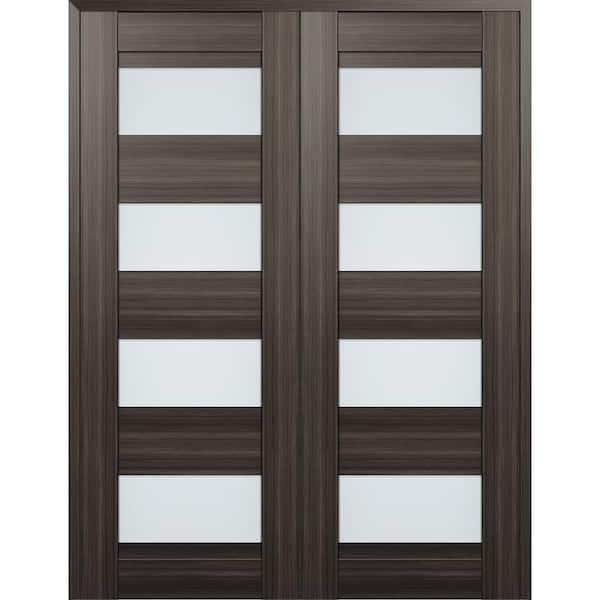 Della 64 in. x 96 in. Both Active 4-Lite Frosted Glass Gray Oak Wood Composite Double Prehung Interior Door