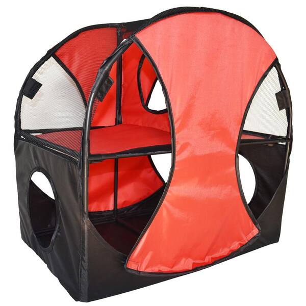 PET LIFE Red and Black Kitty-Play Obstacle Travel Collapsible Soft Folding Pet Cat House