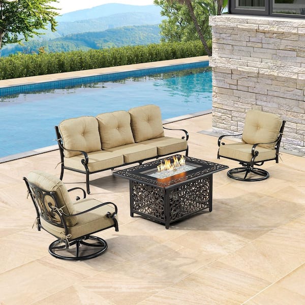 Oakland Living Black Aluminum Fire Table Set with Sofa and 2-Club Chairs