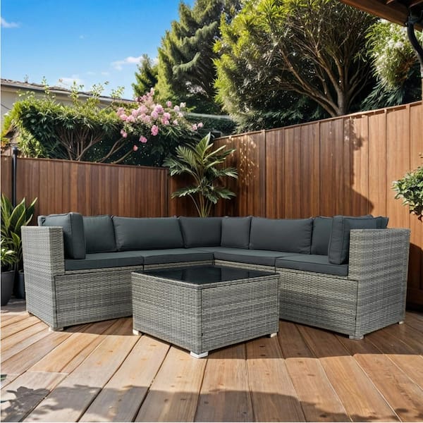 Sudzendf 6 Pieces PE Rattan sectional Outdoor Furniture Cushioned Sofa Set with Dark Gray Cushions