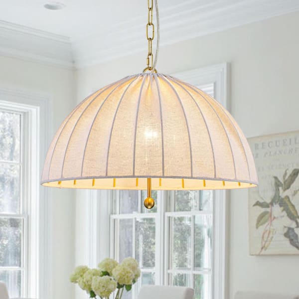 19.69 in. 1-Light Gold Dome Pendant Light Isalnd Chandelier with Gray Frabic Shade