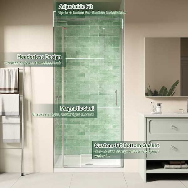 32-36 in. W x 72 in. H Frameless Pivot Shower Door in Brushed Nickel with 1/4 in. Thick Certified Clear Tempered Glass