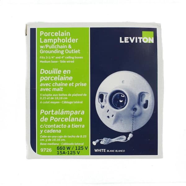 Leviton - Glazed Porcelain Lamp Holder with Pull Chain and Outlet 9726-C