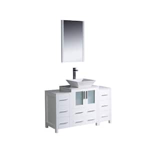 Torino 48 in. Vanity in White with Glass Stone Vanity Top in White with White Basin and Mirror with 2 Side Cabinets