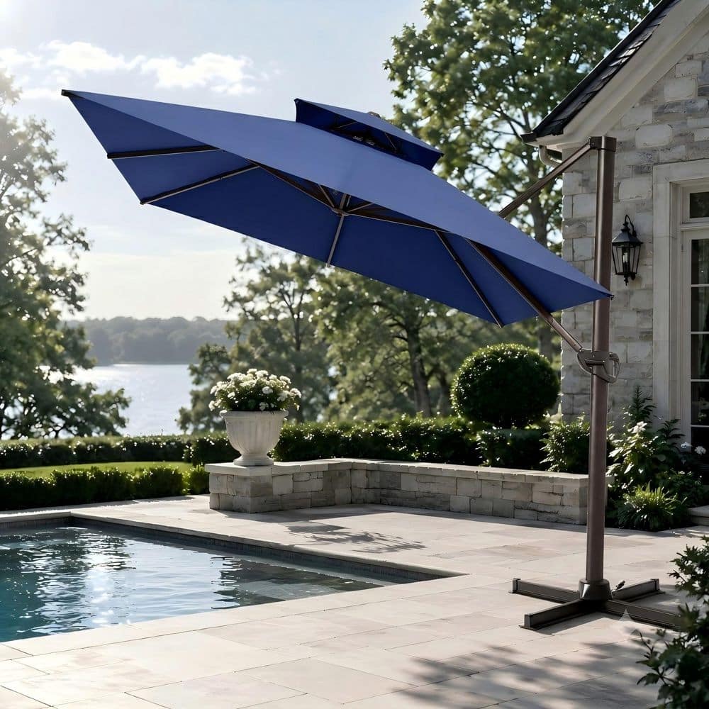 blue sunbrella umbrella for patio by garden oasis Deluxe 11' Sunbrella Fabric Solar LED Cantilever Resists fading Blue Patio Umbrellas | Outdoor