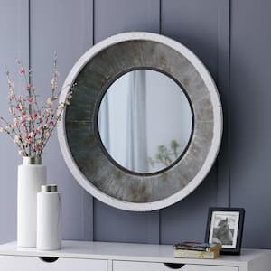 Medium Round Antique Silver White Metallic Gray Mirror (31.5 in. H x 31.5 in. W)