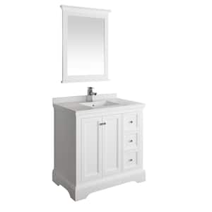 Windsor 36 in. W Traditional Bath Vanity in Matte White with Quartz Stone Vanity Top in White with White Basin, Mirror