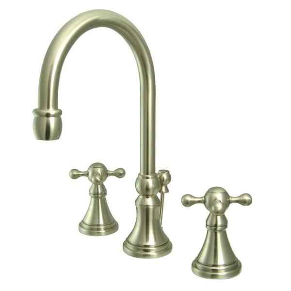 Kingston Brass Governor 2-Handle 8 in. Widespread Bathroom Faucets with Brass Pop-Up in Brushed Nickel