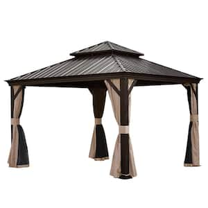 Domi 12 ft. x 12 ft. Brown Hardtop Gazebo with Ventilated Double Roof